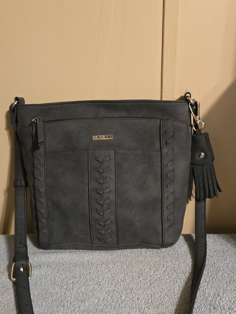 Rosetti Dark Gray Woven-Panel Crossbody with Tassel